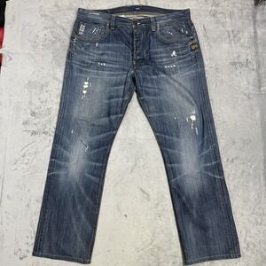 G-Star RAW 3301 Jeans Mens 38x31 Distressed Denim Straight Leg Italy‎ Hemmed